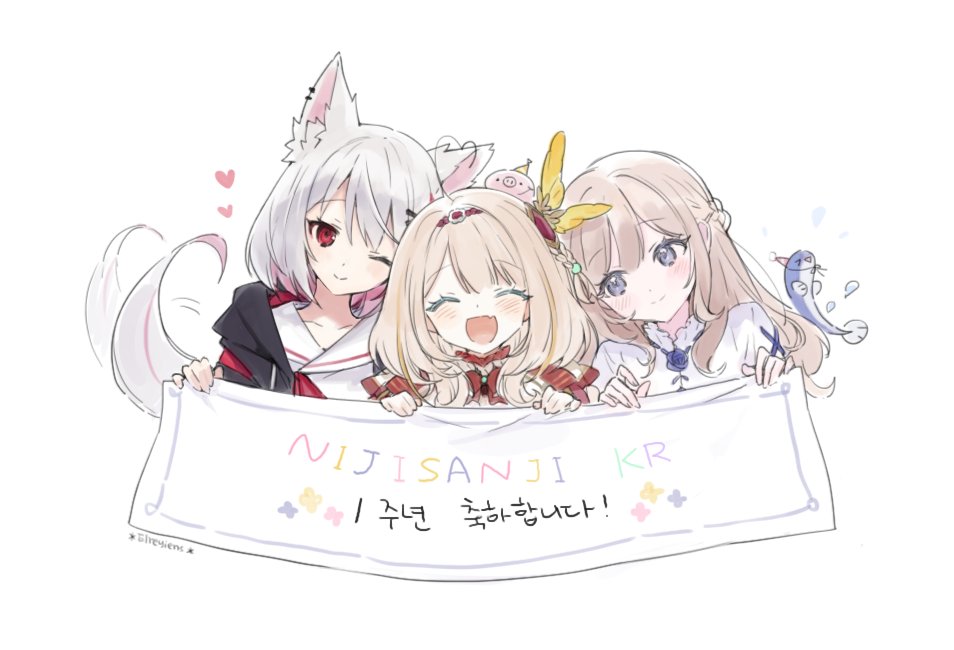 3girls, ^_^, ahoge, animal_ears, anniversary, bangs, black_hoodie, blonde_hair