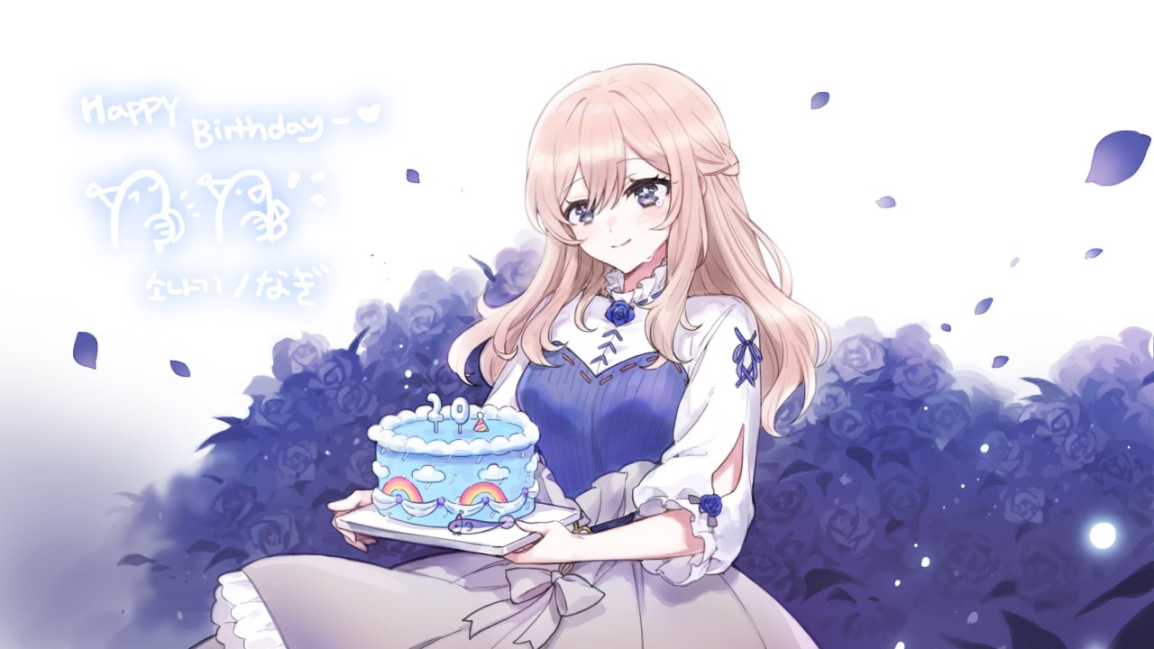 1girl, bangs, blonde_hair, blue_flower, blue_rose, bow, braid, cake