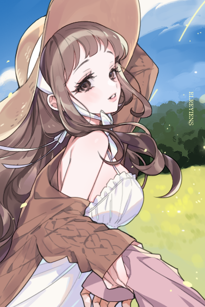 1girl, artist_name, bangs, breasts, brown_eyes, brown_sweater, clouds, dress
