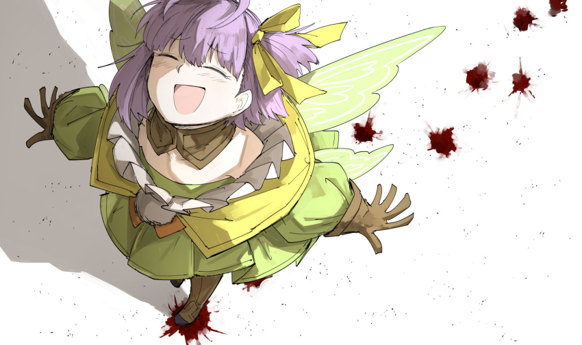 1girl, antenna_hair, blood, blood_splatter, boots, bow, closed_eyes, fairy_wings, fate/grand_order, fate_(series), from_above, gloves, hair_bow, highres, kan_(aaaaari35), kazuradrop_(fate), laughing, purple_hair, stepped_on, wings