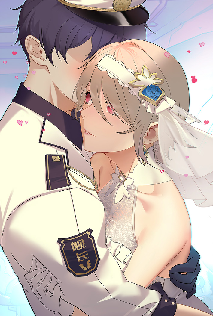 1boy, 1girl, bangs, bare_shoulders, black_gloves, bridal_veil, brown_hair, captain_(honkai_impact)