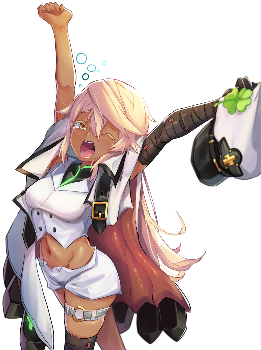 1girl, absurdres, arms_up, bandaged_arm, bandaged_leg, bandages, bangs, belt