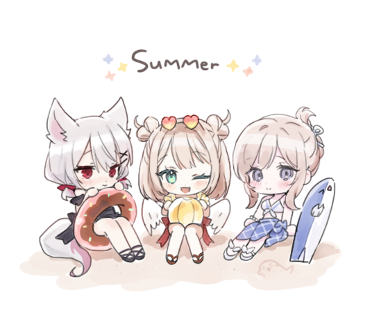3girls, animal_ears, ball, bangs, beachball, bikini, bikini_top, blonde_hair