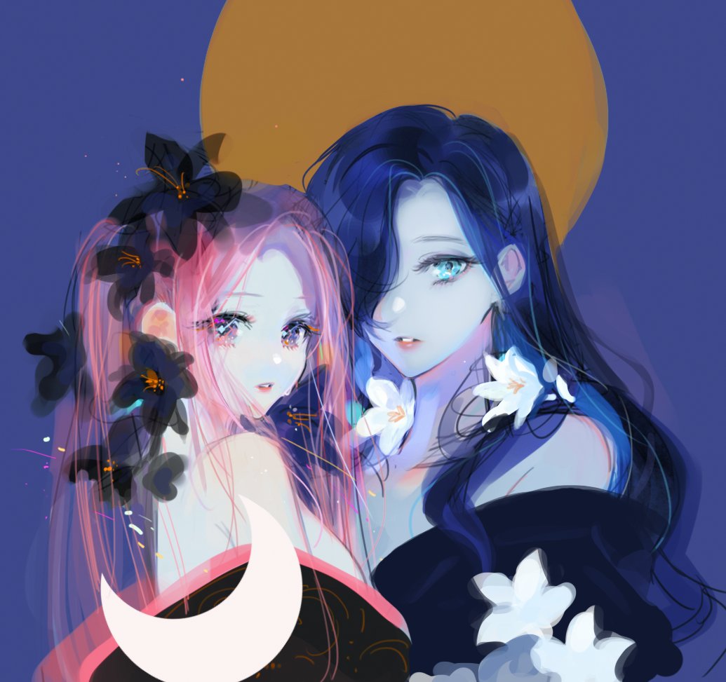2girls, black_flower, black_jacket, blue_eyes, blue_hair, elreyiens, flower, hair_behind_ear, hair_flower, hair_ornament, hair_over_one_eye, jacket, korean_commentary, long_hair, moon, multiple_girls, off_shoulder, one_eye_covered, original, parted_lips, pink_eyes, pink_hair, twintails, white_flower