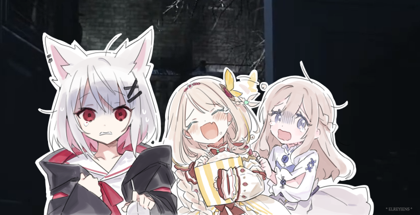 3girls, ^_^, animal_ears, bangs, black_hoodie, blonde_hair, blush, braid