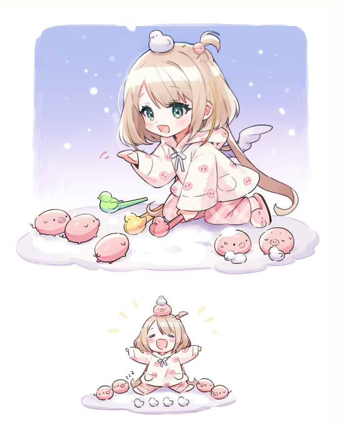 1girl, animal_on_head, bangs, bird, bird_on_head, blush, chae_ara, chibi