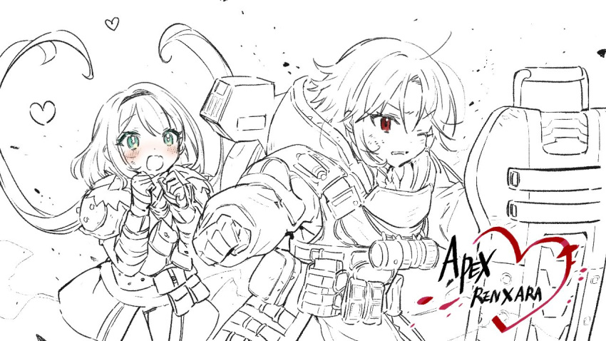 2girls, apex_legends, aqua_eyes, armor, bandaged_arm, bandages, bloodhound_(apex_legends), bloodhound_(apex_legends)_(cosplay)