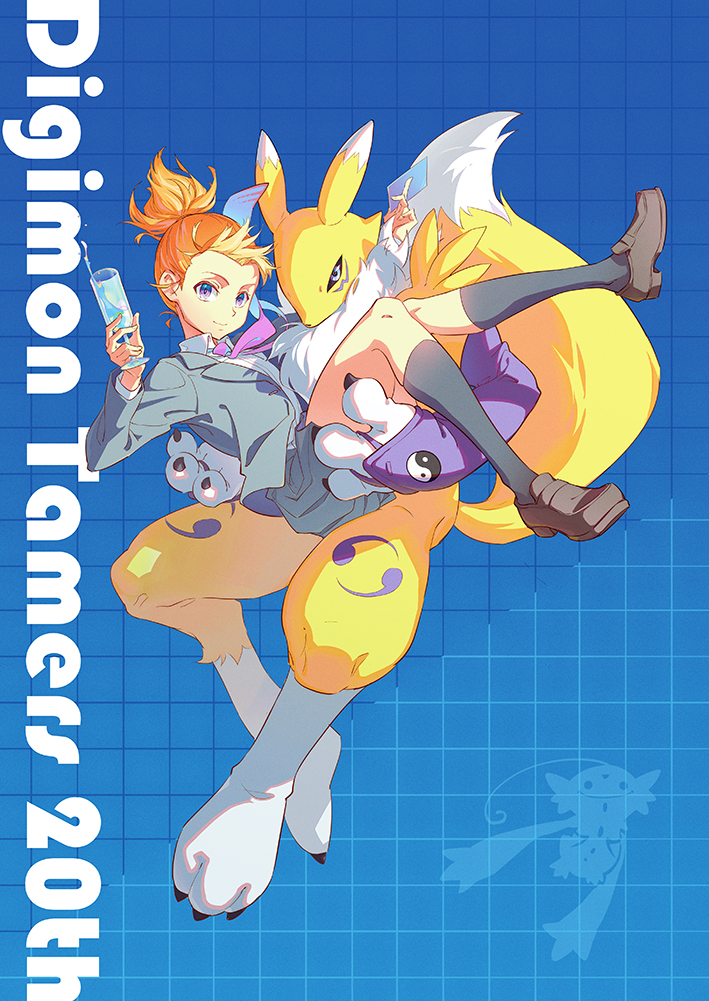 1girl, animal_ears, animal_nose, anniversary, black_legwear, black_sclera, blue_background, blue_eyes, body_fur, brown_footwear, carrying, claws, closed_mouth, collared_shirt, colored_sclera, commentary_request, copyright_name, cup, digignome, digimon, digimon_(creature), digimon_tamers, drinking_glass, elbow_gloves, facial_mark, fingerless_gloves, floating_necktie, formal, fox_ears, fox_tail, full_body, furry, gloves, grey_jacket, grey_skirt, hands_up, holding, holding_cup, jacket, kariki_hajime, kneehighs, loafers, long_sleeves, looking_at_viewer, makino_ruki, necktie, number, open_clothes, open_jacket, orange_hair, patterned_background, paws, pleated_skirt, ponytail, princess_carry, print_gloves, purple_gloves, purple_neckwear, renamon, shirt, shoes, short_hair, skirt, smile, snout, spilling, tail, tail_raised, two-tone_fur, violet_eyes, white_fur, white_shirt, yellow_fur, yin_yang, yin_yang_print