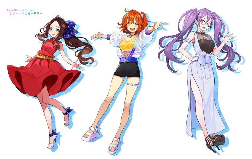 3girls, absurdres, ahoge, bangs, bare_shoulders, black_high_heels, black_shorts, blue_bow