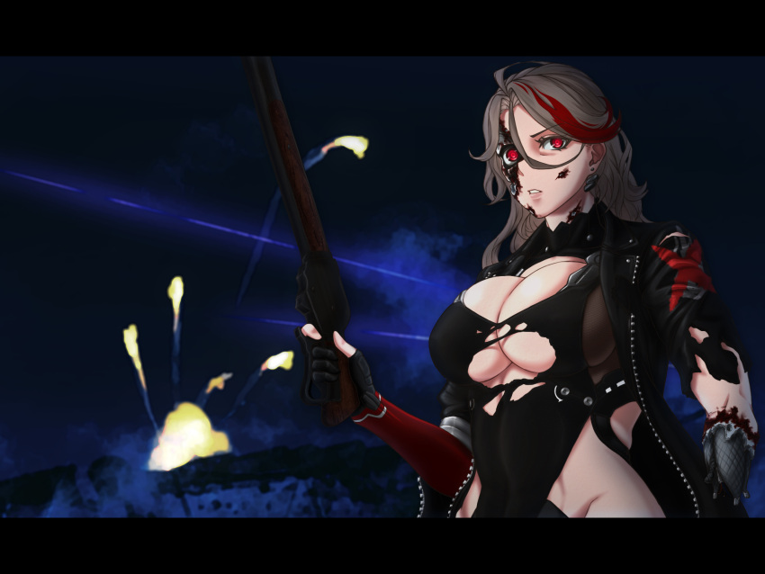 1girl, android, artificial_eye, blonde_hair, breasts, damaged, explosion, girls_frontline