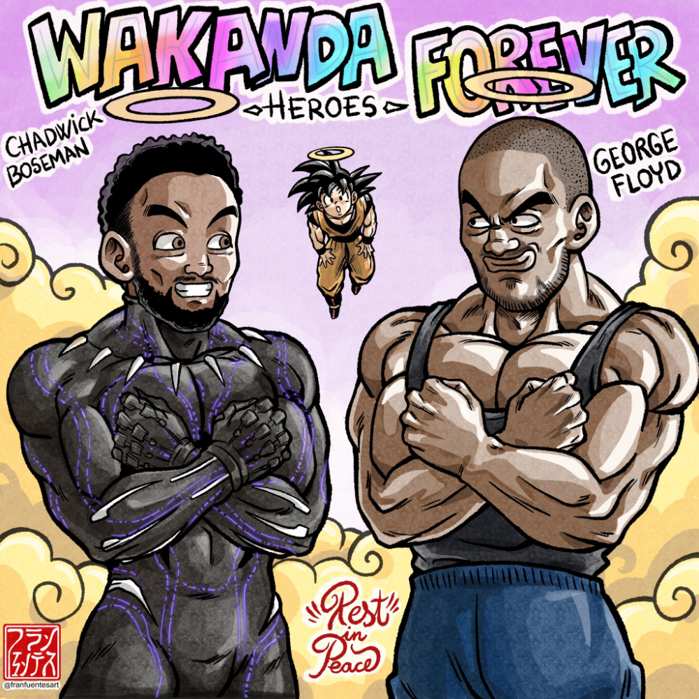 3boys, afro, bad_id, bad_twitter_id, bare_arms, beard, black_bodysuit, black_eyes, black_gloves, black_hair, black_panther_(film), black_panther_(marvel), black_shirt, black_tank_top, blue_pants, bodysuit, brown_eyes, chadwick_boseman, character_name, closed_mouth, clouds, covered_navel, cowboy_shot, crossed_arms, crossover, dark-skinned_male, dark_skin, dragon_ball, dragon_ball_z, eye_contact, facial_hair, flying, fran_fuentes, george_floyd, gloves, halo, looking_at_another, marvel, multiple_boys, muscular, muscular_male, pants, parted_lips, real_life, rest_in_peace_(phrase), sanpaku, shirt, short_hair, signature, sleeveless, sleeveless_shirt, smile, son_goku, spiky_hair, standing, tank_top, tooth_necklace, toriyama_akira_(style), twitter_username, very_short_hair, x_arms