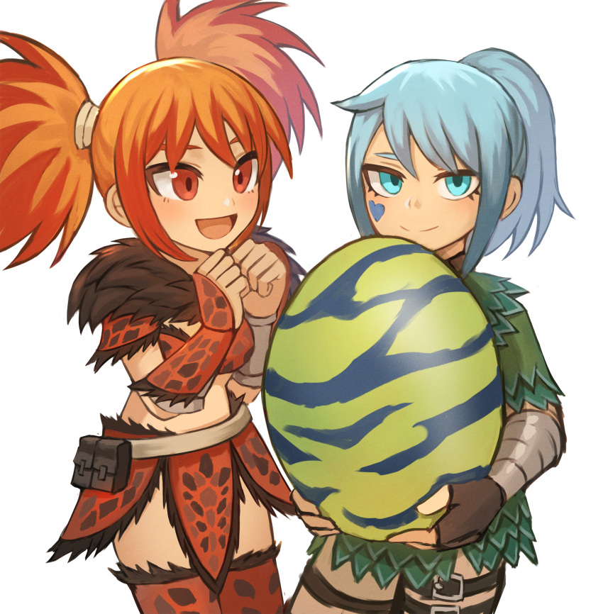 2girls, :d, anjanath_(armor), black_gloves, blue_eyes, blue_hair, bracer, commentary