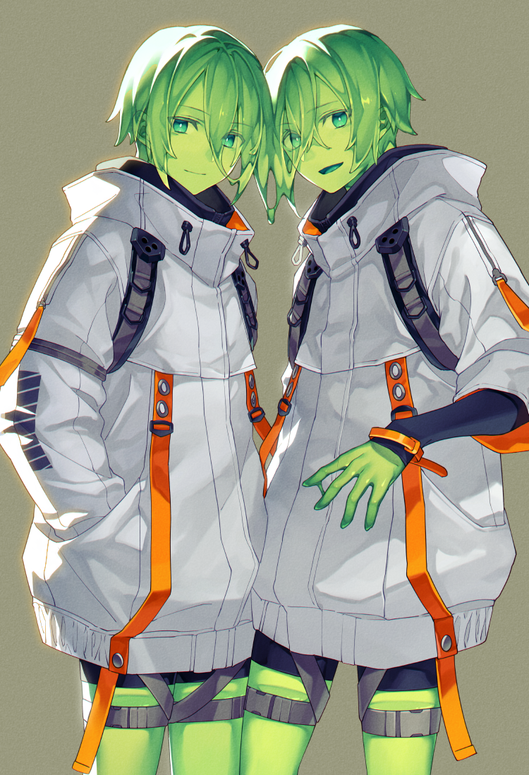 2others, :d, ambiguous_gender, colored_skin, commentary_request, eyebrows_visible_through_hair, eyes_visible_through_hair, green_eyes, green_skin, hands_in_pockets, jacket, looking_at_viewer, multiple_others, open_mouth, original, short_hair, shorts, slime_(creature), slime_(substance), smile, white_jacket, yuzu_shio