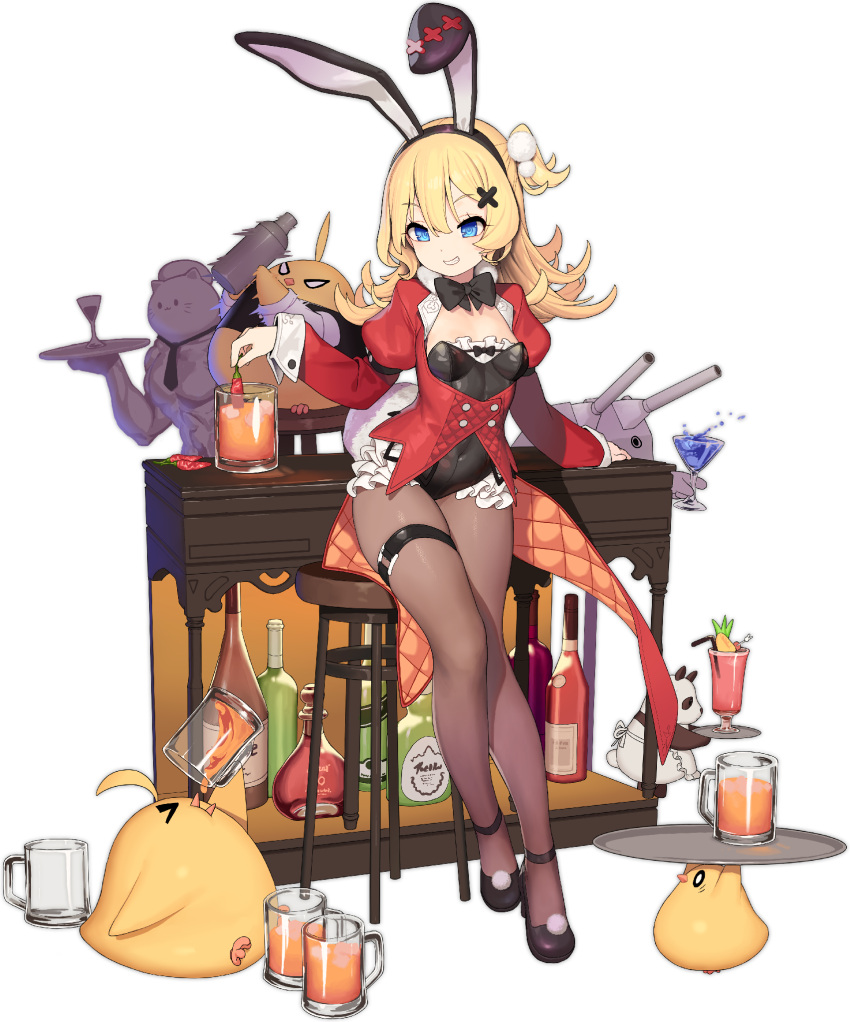 1girl, abercrombie_(azur_lane), abercrombie_(mischief_on_the_rocks)_(azur_lane), animal_ears, azur_lane, bar_stool, beer_mug, bird