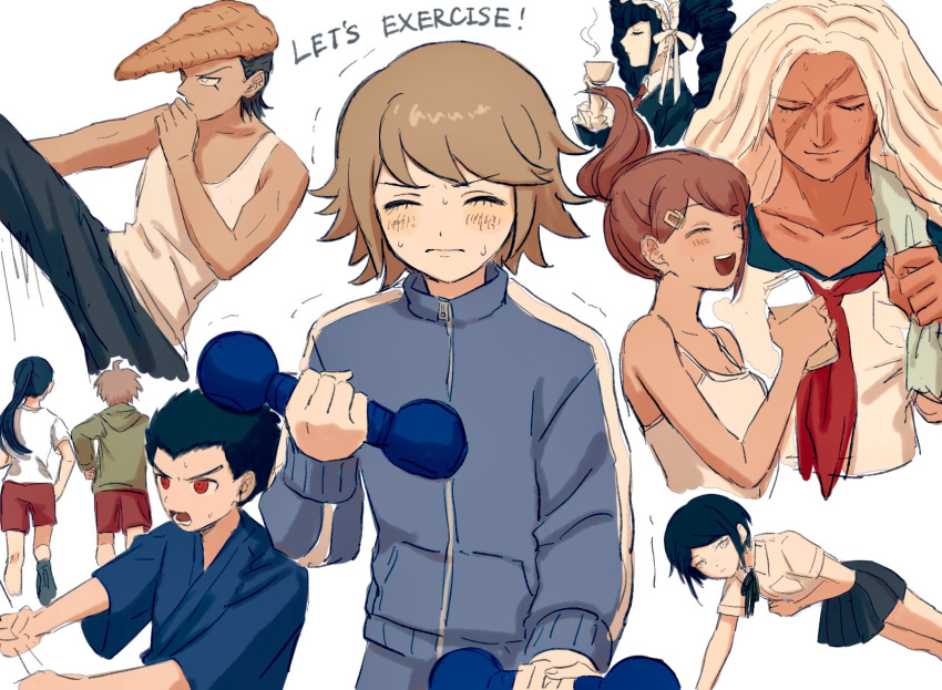 4boys, 5girls, ahoge, asahina_aoi, black_hair, blush, brown_hair, brown_hoodie