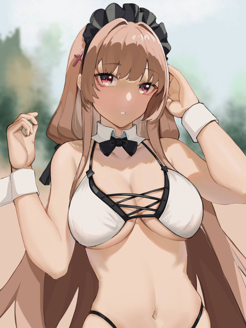 1girl, 1z10, azur_lane, bikini, black_headband, breasts, brown_hair, cross-laced_bikini