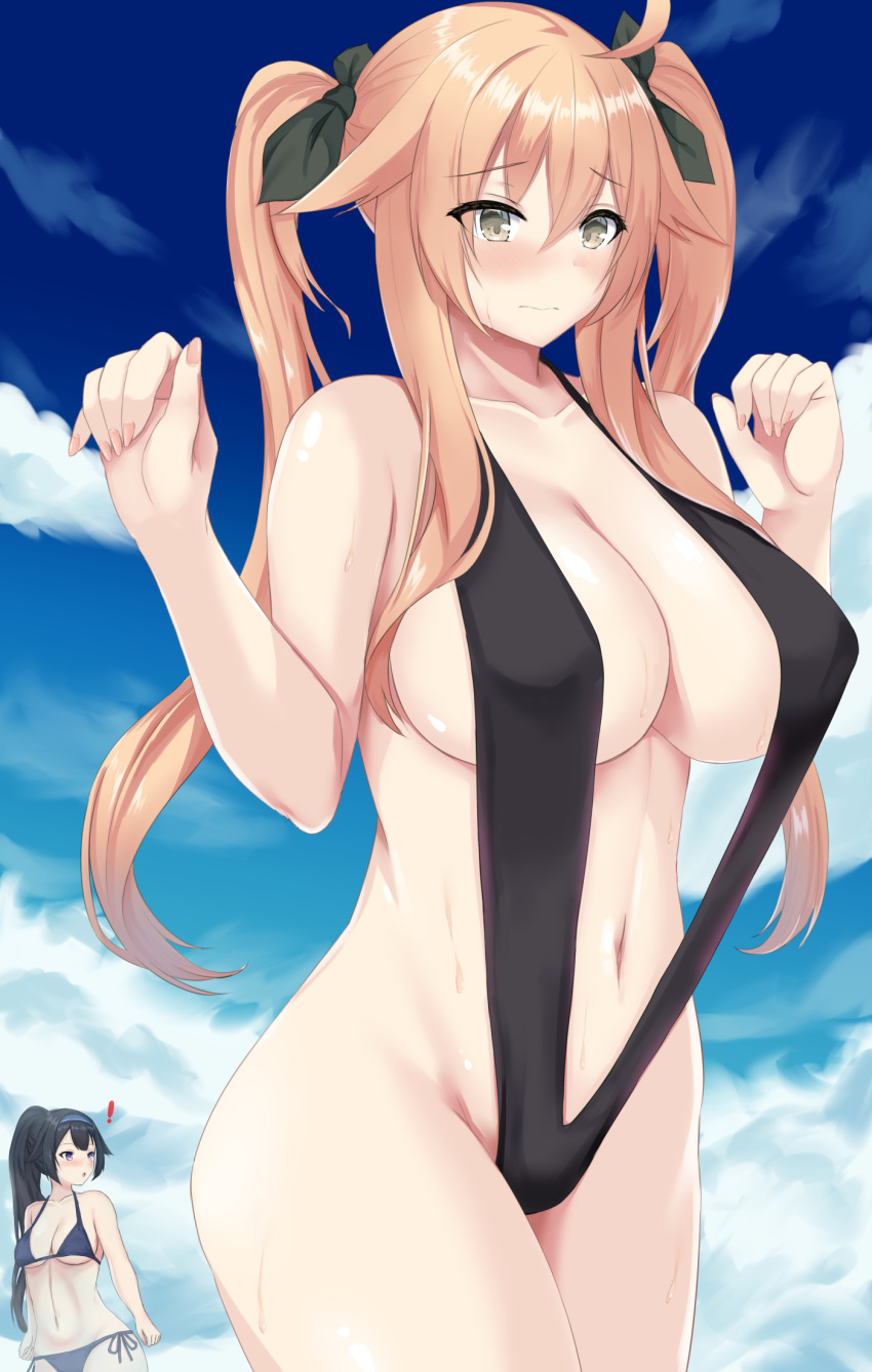 2girls, alternate_hairstyle, blush, breasts, embarrassed, girls_frontline, high_ponytail, highres, large_breasts, m1918_(girls_frontline), medium_breasts, multiple_girls, scourer_14, slingshot_swimsuit, solo_focus, super_sass_(girls_frontline), swimsuit, twintails