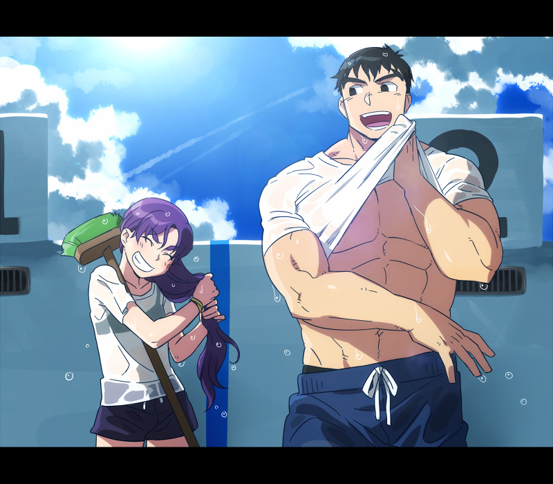 1boy, 1girl, ^_^, abs, bare_pectorals, blue_pants, bulge, closed_eyes