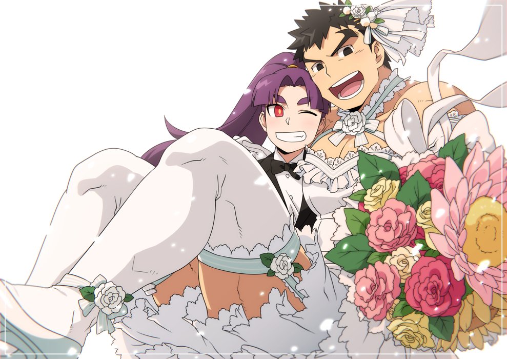 1boy, 1girl, :d, ;d, bare_shoulders, black_suit, bouquet, bow, bowtie, bridal_legwear, bride, carrying, couple, crossdressinging, flower, head_to_head, hetero, holding, holding_bouquet, husband_and_wife, long_hair, male_cleavage, male_focus, muscular, muscular_male, one_eye_closed, onizuka_momoko, open_mouth, original, pectorals, princess_carry, purple_hair, re:ar, ryanpei, short_hair, sideburns, sidepec, smile, thick_thighs, thigh-highs, thighs, tonogawachi_tatsuomi, white_flower, white_legwear
