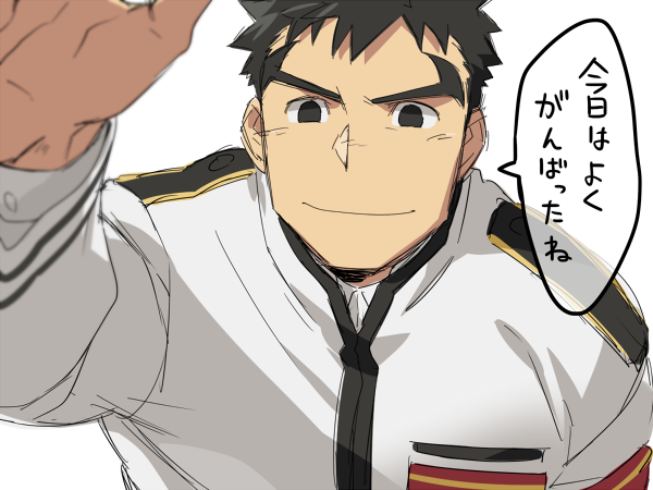 1boy, arm_up, black_hair, blush, incoming_headpat, jacket, looking_at_viewer, male_focus