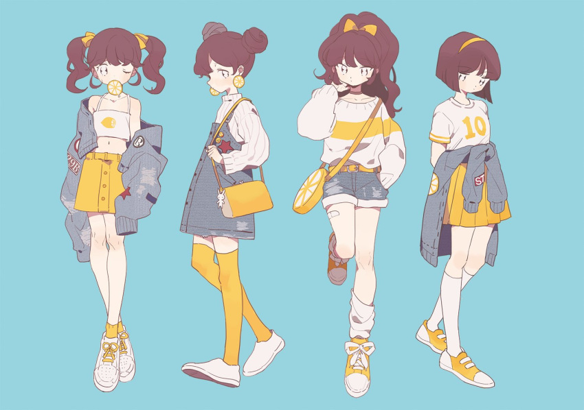 4girls, aqua_background, arm_up, asphyxia17, badge, bag, bandaid, bandaid_on_leg