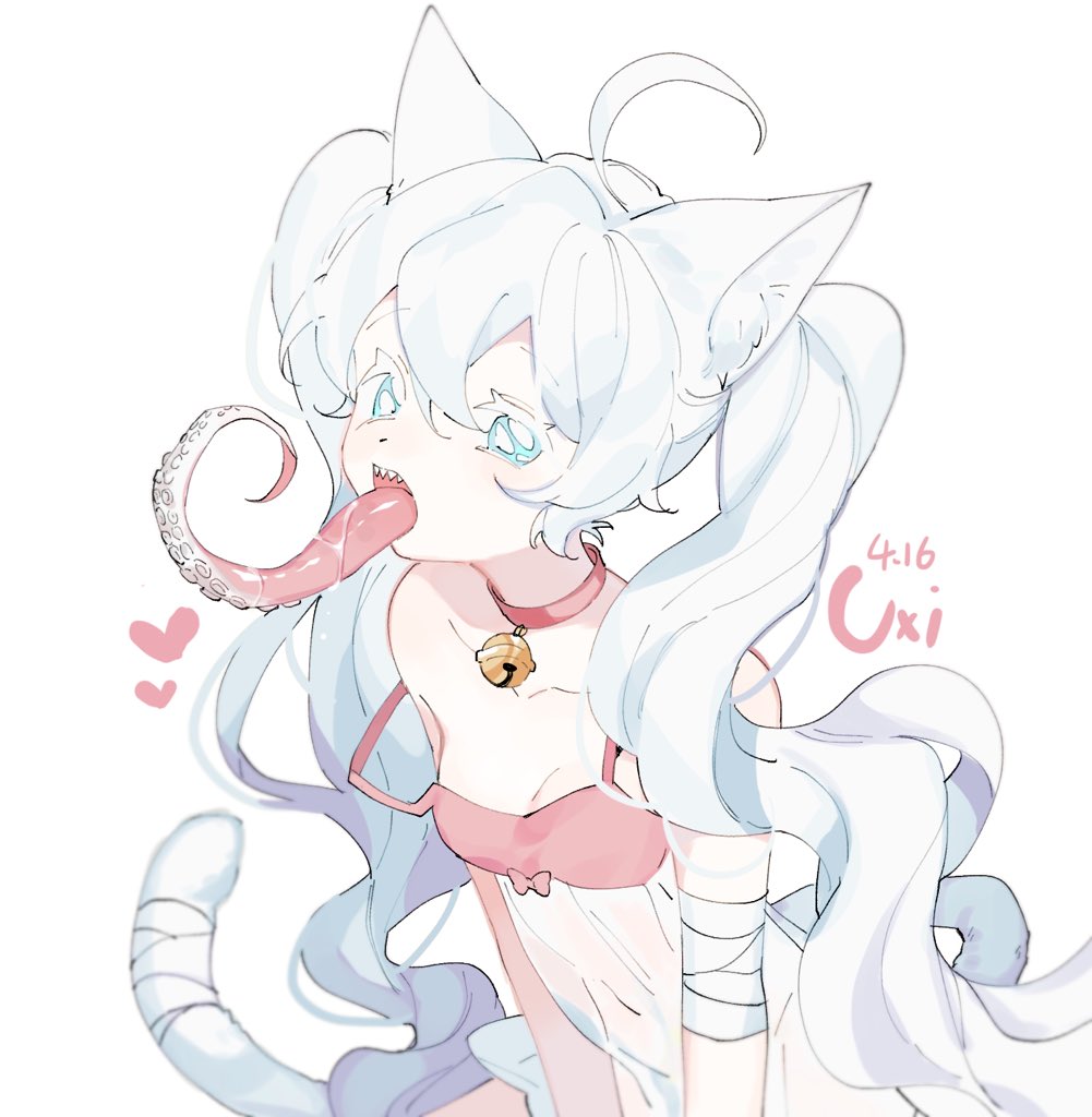 1girl, ahoge, animal_ear_fluff, animal_ears, artist_name, asphyxia17, babydoll, bandaged_arm, bandaged_tail, bandages, bell, blue_eyes, blurry, blurry_background, bow, breasts, cat_ears, cat_tail, chinese_commentary, collar, collarbone, commentary_request, dated, heart, jingle_bell, leaning_forward, long_hair, long_tongue, looking_at_viewer, open_mouth, original, pink_babydoll, pink_bow, pink_collar, sharp_teeth, simple_background, small_breasts, solo, strap_slip, tail, teeth, tentacle_tongue, tongue, tongue_out, twintails, upper_teeth, very_long_hair, wavy_hair, white_background, white_hair, white_tail
