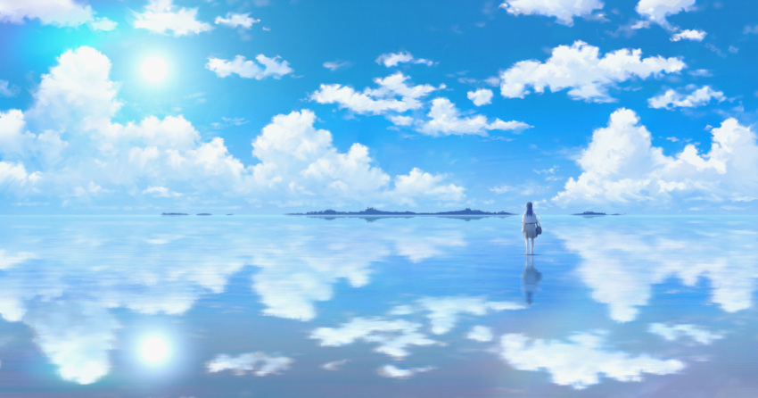 1girl, bag, black_hair, blue_sky, clouds, commentary_request, day, from_behind, full_body, grey_skirt, holding, holding_bag, long_hair, original, outdoors, reflective_water, salar_de_uyuni, scenery, shirt, skirt, sky, solo, standing, standing_on_liquid, sun, water, white_shirt, yakkunn
