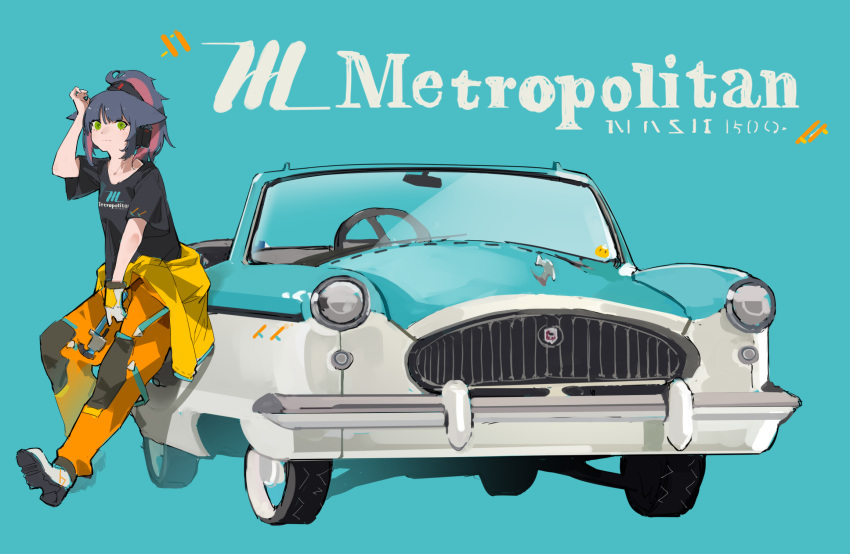 1girl, animal_ears, arknights, black_hair, black_shirt, blue_background, boots, car