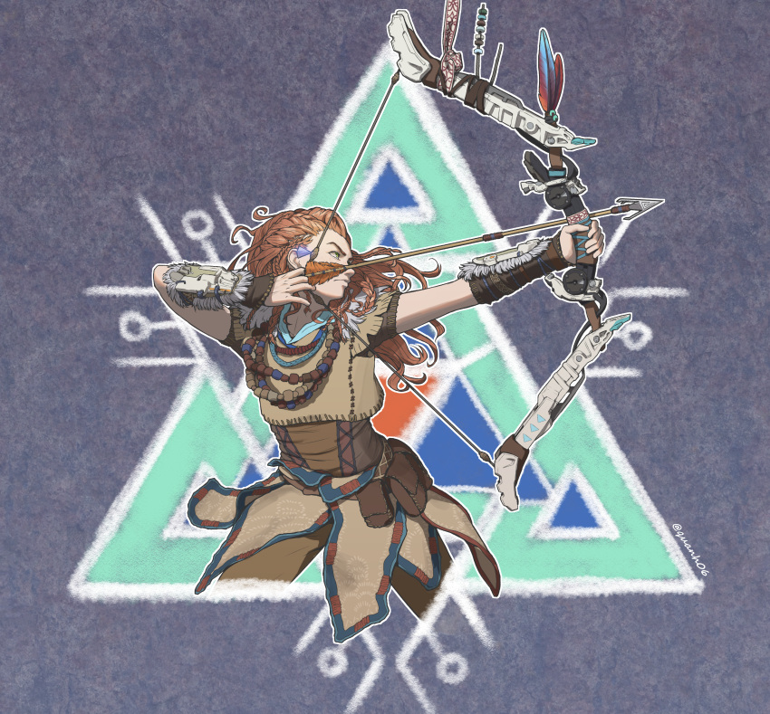 absurdres, aloy_(horizon), beaded_necklace, beads, belt, bow_(weapon), braid, cowboy_shot