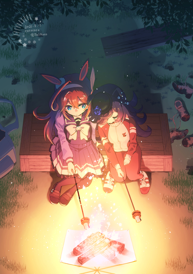 2girls, ahoge, animal_ears, black_legwear, blue_eyes, bow, brown_hair, campfire
