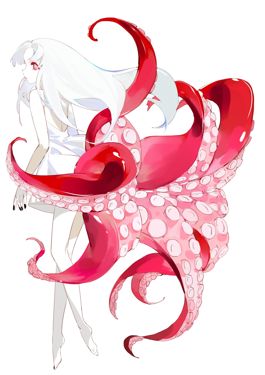 1girl, absurdres, bare_arms, bare_legs, barefoot, black_nails, chinese_commentary, cliuu_u, closed_mouth, commentary_request, dress, eyeshadow, from_side, full_body, highres, long_hair, makeup, nail_polish, original, profile, red_eyeshadow, short_dress, simple_background, slit_pupils, solo, tentacles, white_background, white_dress, white_hair