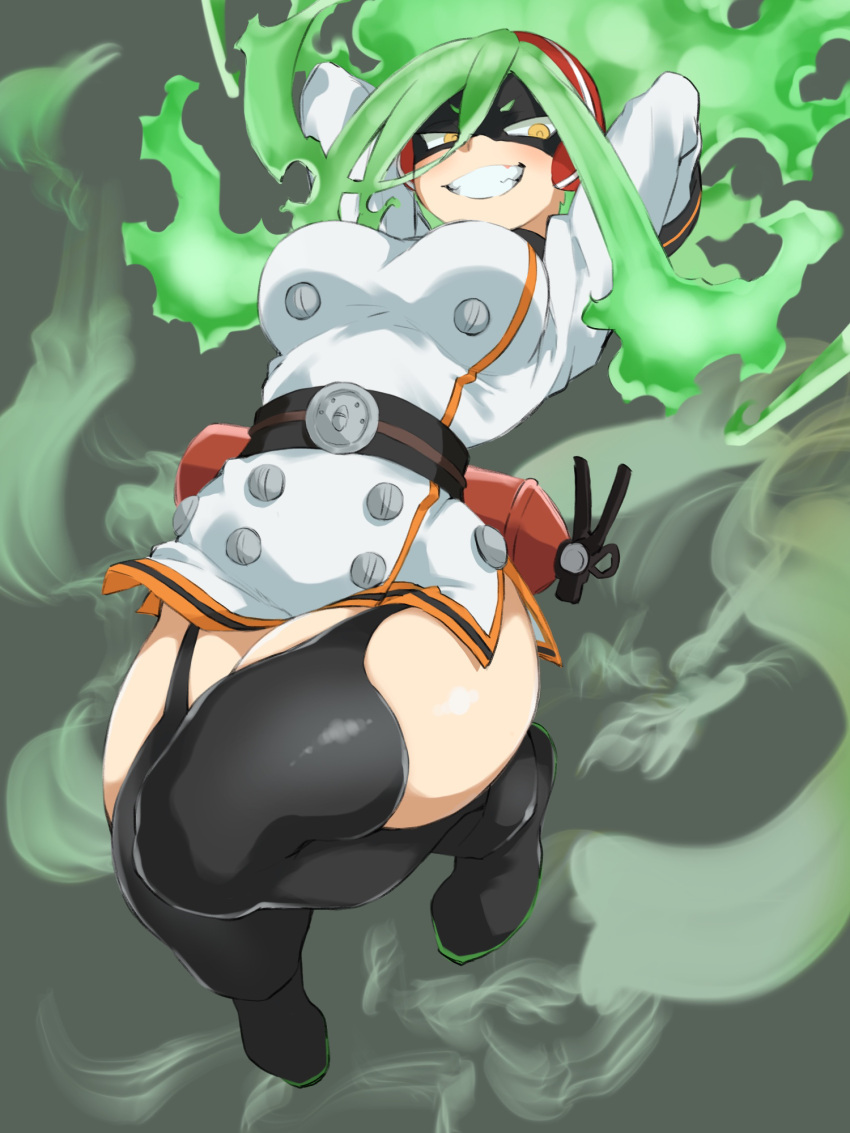 1girl, black_mask, boku_no_hero_academia, breasts, burnin_(boku_no_hero_academia), curvy, domino_mask, eyebrows_visible_through_mask