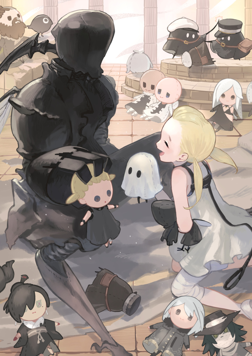 1girl, akeha_(nier_reincarnation), antennae, black_monster_(nier), blonde_hair, character_doll, courier_(nier), dress