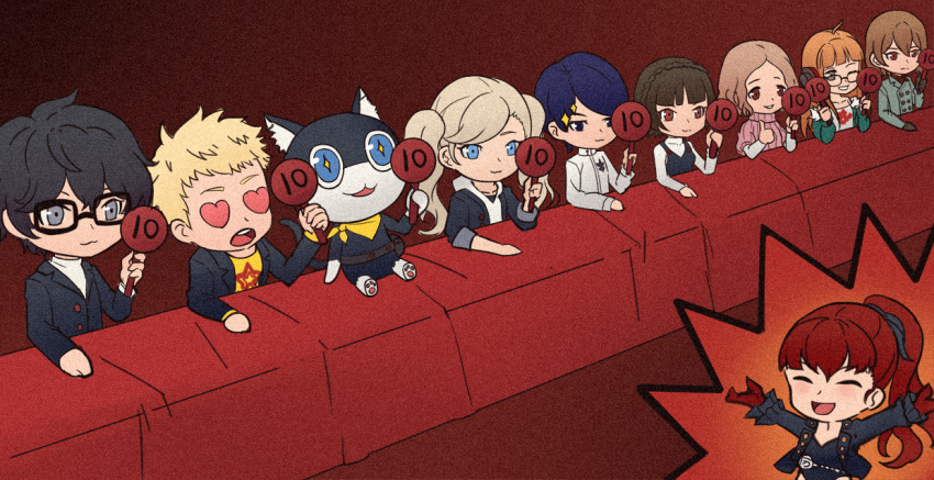+_+, 5boys, 5girls, akechi_gorou, amamiya_ren, black_cat, black_hair, blonde_hair
