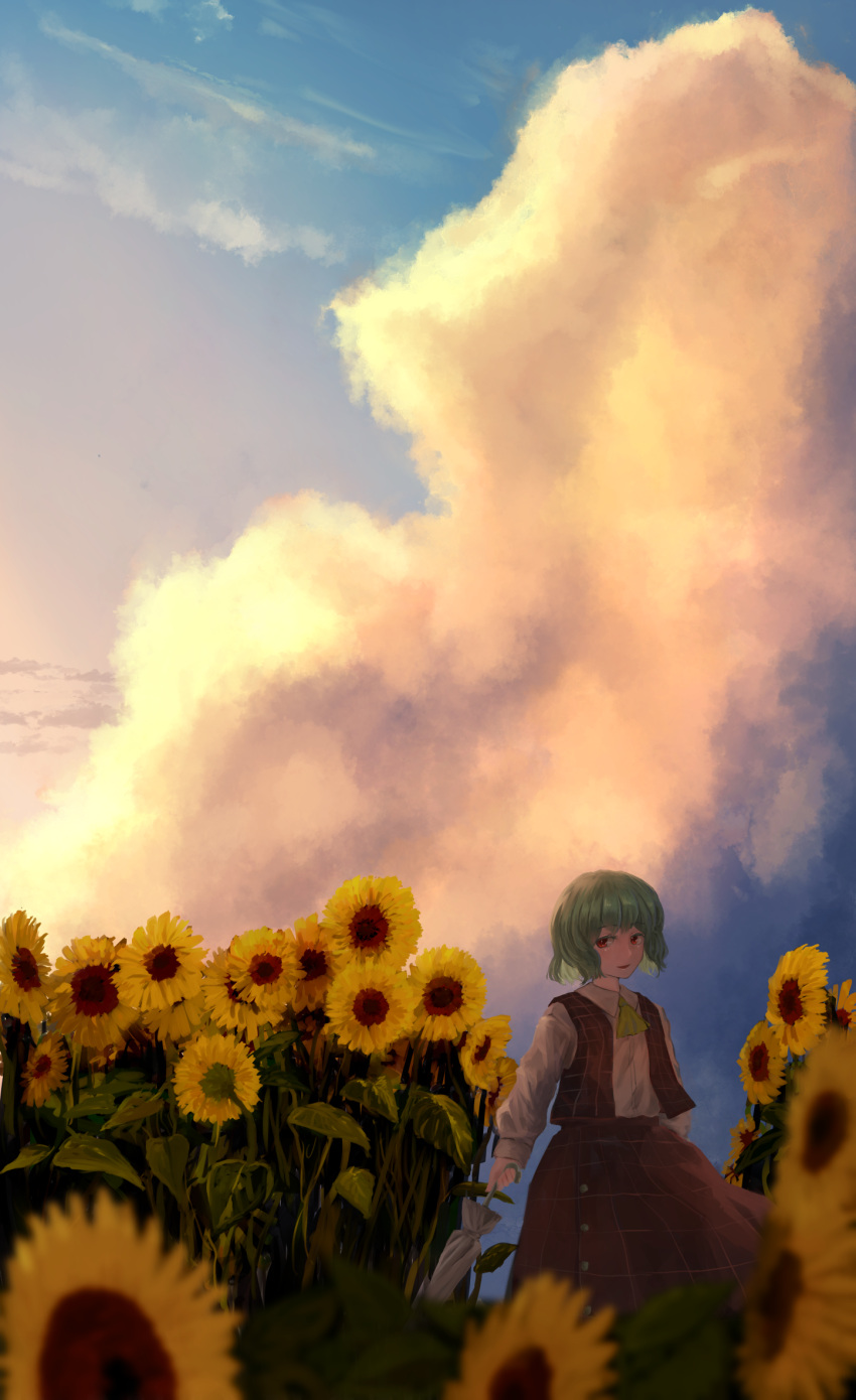1girl, arm_at_side, ascot, bangs, blue_sky, blurry, blurry_foreground, buttons