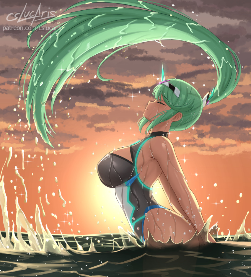 1girl, armpit_crease, artist_name, breasts, cleavage_cutout, closed_eyes, clothing_cutout, commentary, cslucaris, english_commentary, eyebrows_visible_through_hair, from_side, green_hair, hair_ornament, highres, large_breasts, long_hair, ocean, one-piece_swimsuit, outdoors, patreon_username, pneuma_(xenoblade), ponytail, profile, sidelocks, signature, solo, sunset, swimsuit, thighs, wading, water, water_drop, wet, wet_clothes, wet_hair, whipping_hair, xenoblade_chronicles_(series), xenoblade_chronicles_2