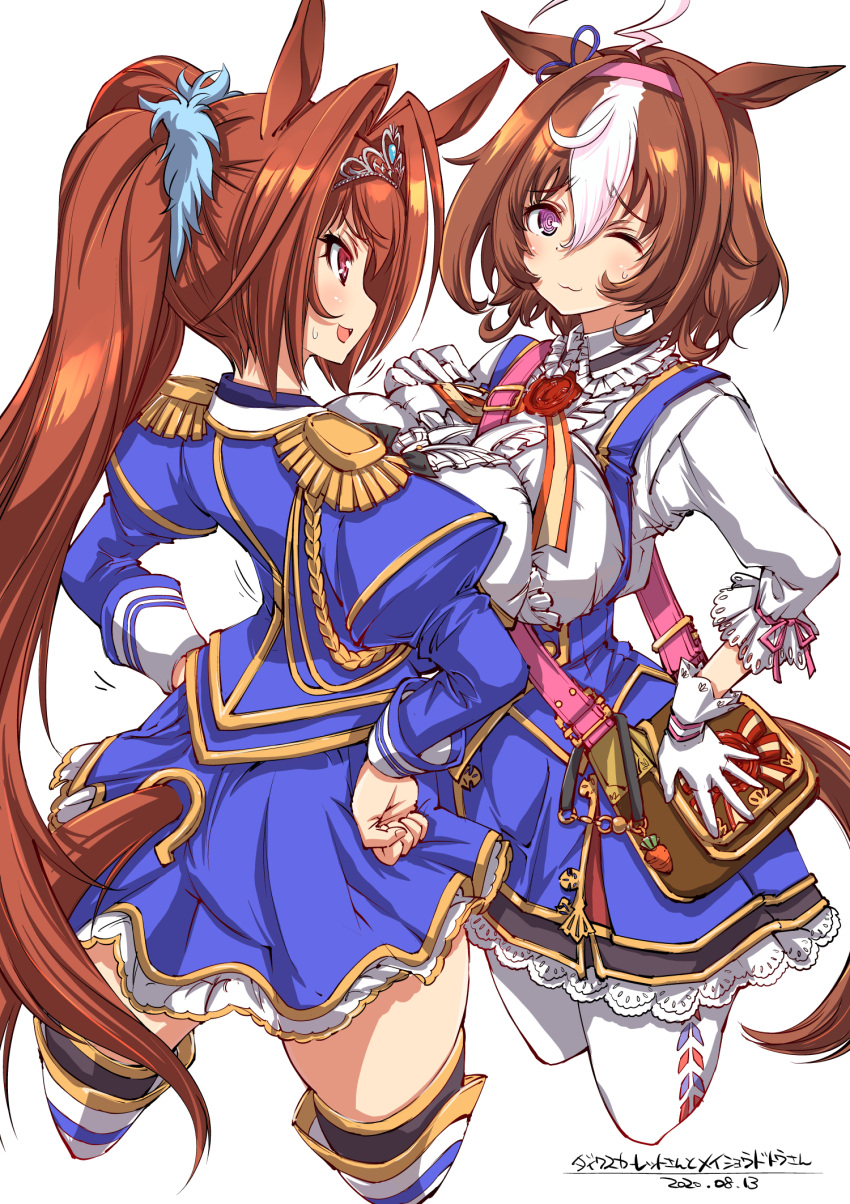 2girls, animal_ears, breast_press, breasts, breasts_press, commentary_request, daiwa_scarlet_(umamusume), highres