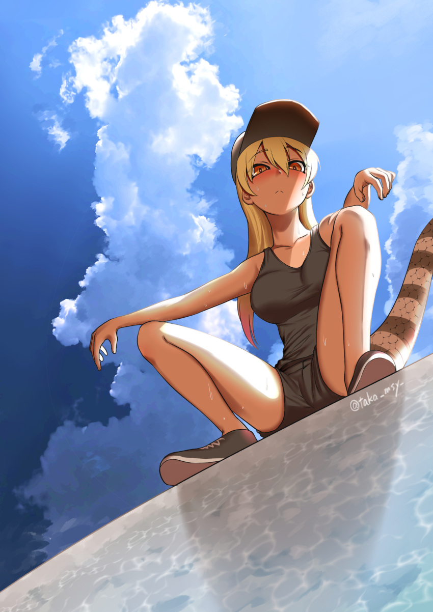 1girl, alternate_costume, arm_rest, bare_arms, bare_legs, bare_shoulders, baseball_cap, black_camisole