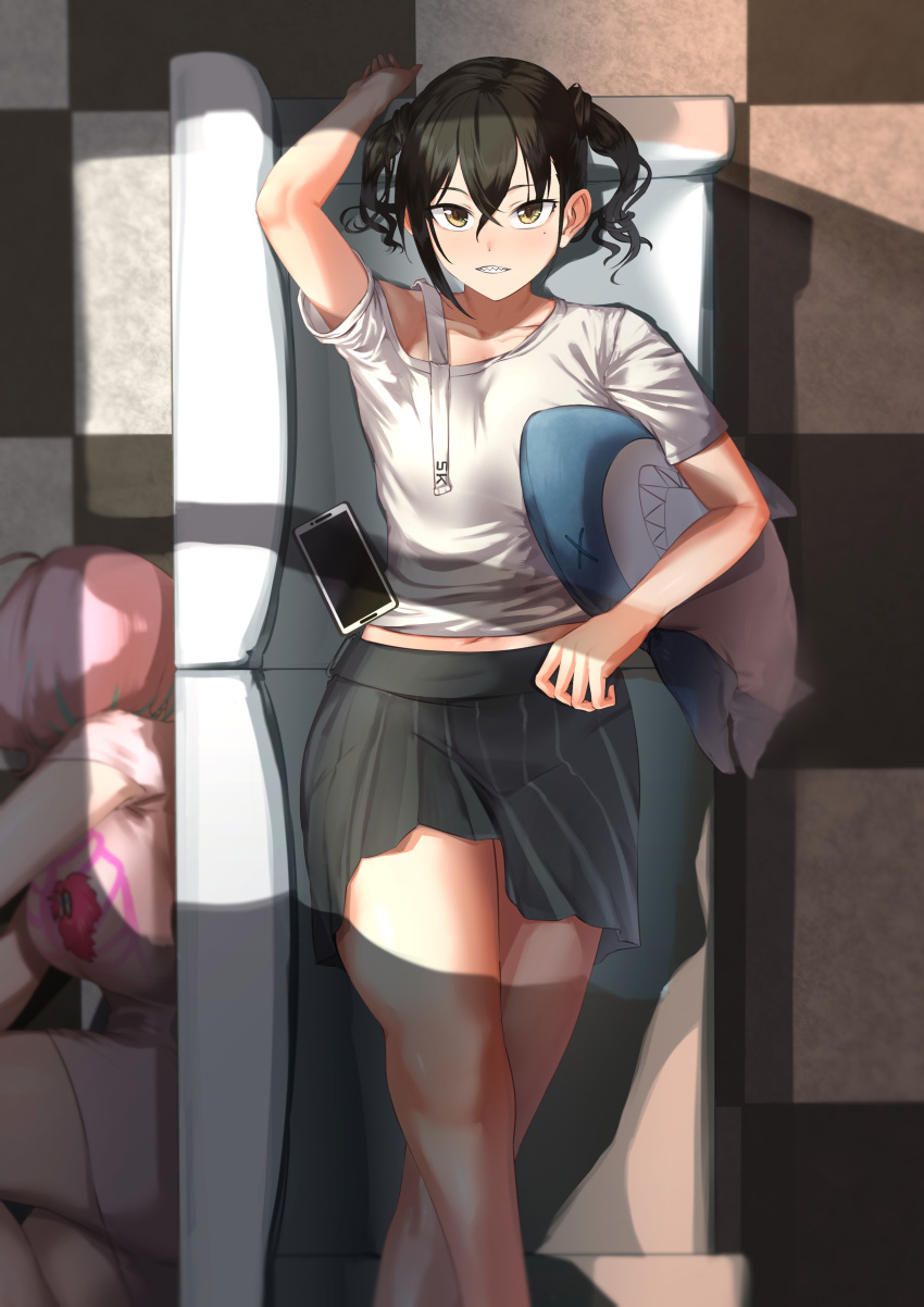 2girls, absurdres, black_hair, blurry, breasts, cellphone, couch, crossed_legs