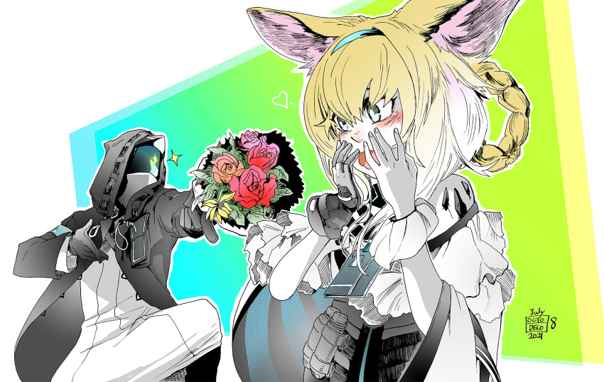 1girl, 1other, 2021, animal_ear_fluff, animal_ears, aqua_hairband, arknights, black_jacket, blue_hairband, blush, doctor_(arknights), earpiece, english_commentary, flower, fox_ears, fox_girl, gloves, hairband, heart, helmet, highres, hood, hood_up, hooded_jacket, jacket, kitsune, octodeco, oripathy_lesion_(arknights), single_glove, suzuran_(arknights)