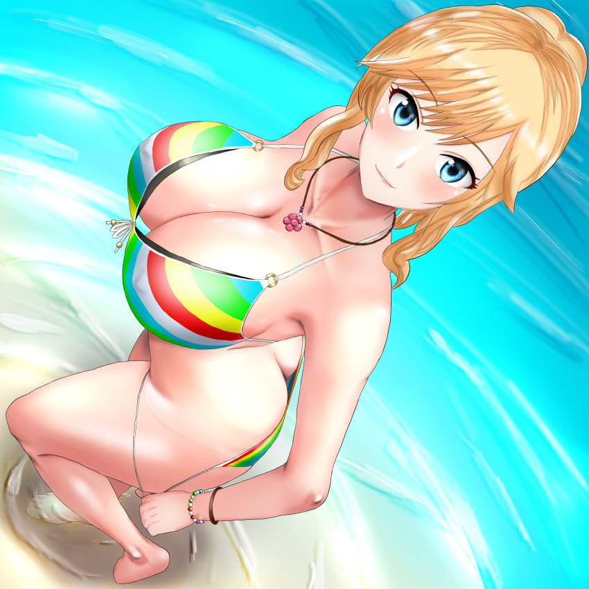 1girl, absurdres, adjusting_clothes, adjusting_swimsuit, ass, beach, bikini, blonde_hair