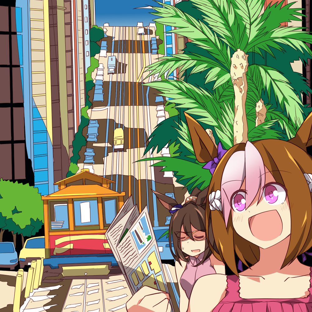 2girls, animal_ears, blue_sky, bow, brown_hair, cable_car, cityscape, closed_eyes