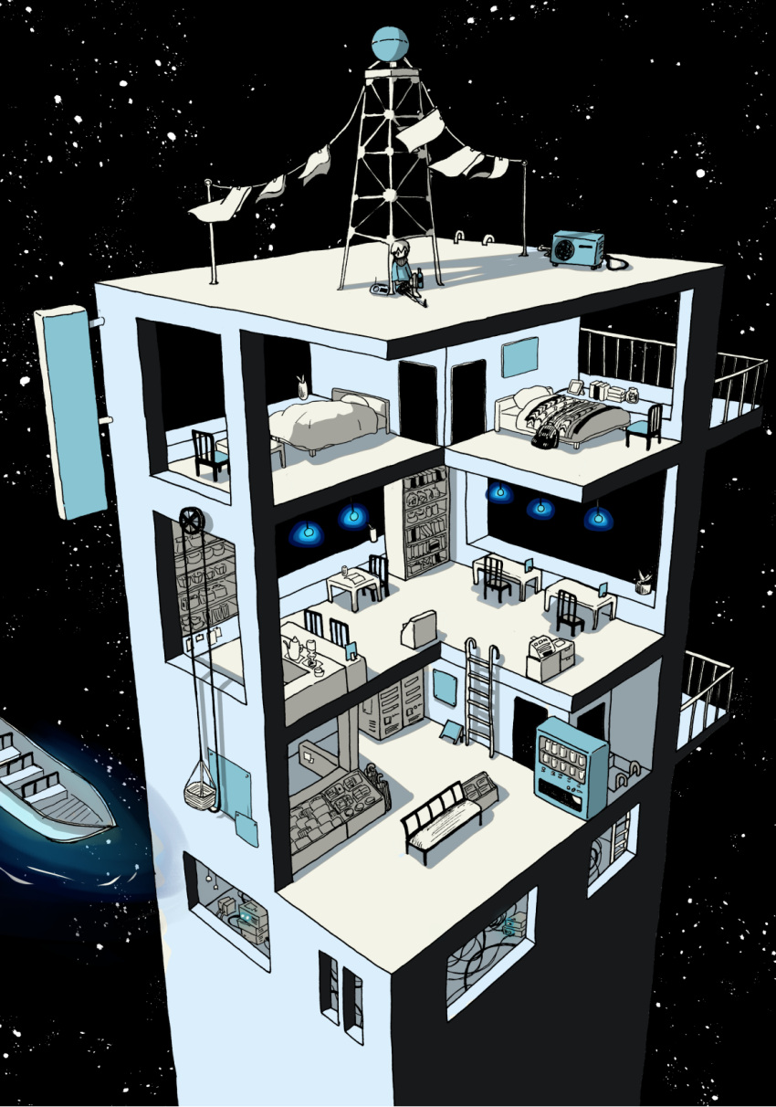 1boy, architecture, balcony, bed, bench, black_background, blue_shirt, boat, bookshelf, bottle, building, ceiling_light, chair, clothesline, commentary_request, desk, highres, impossible_architecture, ladder, original, pulley, sakatsuki_sakana, shirt, short_sleeves, sitting, sky, spread_legs, star_(sky), starry_sky, t-shirt, vending_machine, very_wide_shot, watercraft, window