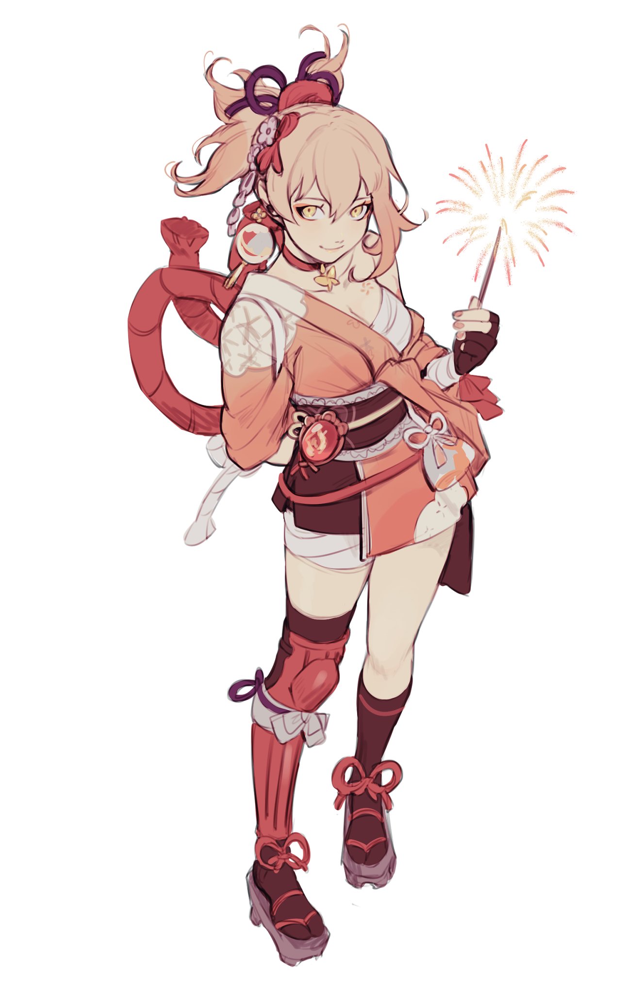1girl, arm_behind_back, asymmetrical_legwear, bandaged_arm, bandages, black_gloves, black_legwear, blonde_hair, chest_tattoo, fingerless_gloves, firecrackers, genshin_impact, geta, gloves, hair_ornament, highres, japanese_clothes, kimono, kneehighs, leg_armor, makeup, neekosiah, orange_kimono, orange_nails, ponytail, sandals, sarashi, short_hair, short_kimono, short_ponytail, simple_background, solo, symbol-only_commentary, tattoo, thigh-highs, vision_(genshin_impact), white_background, yellow_eyes, yoimiya_(genshin_impact)