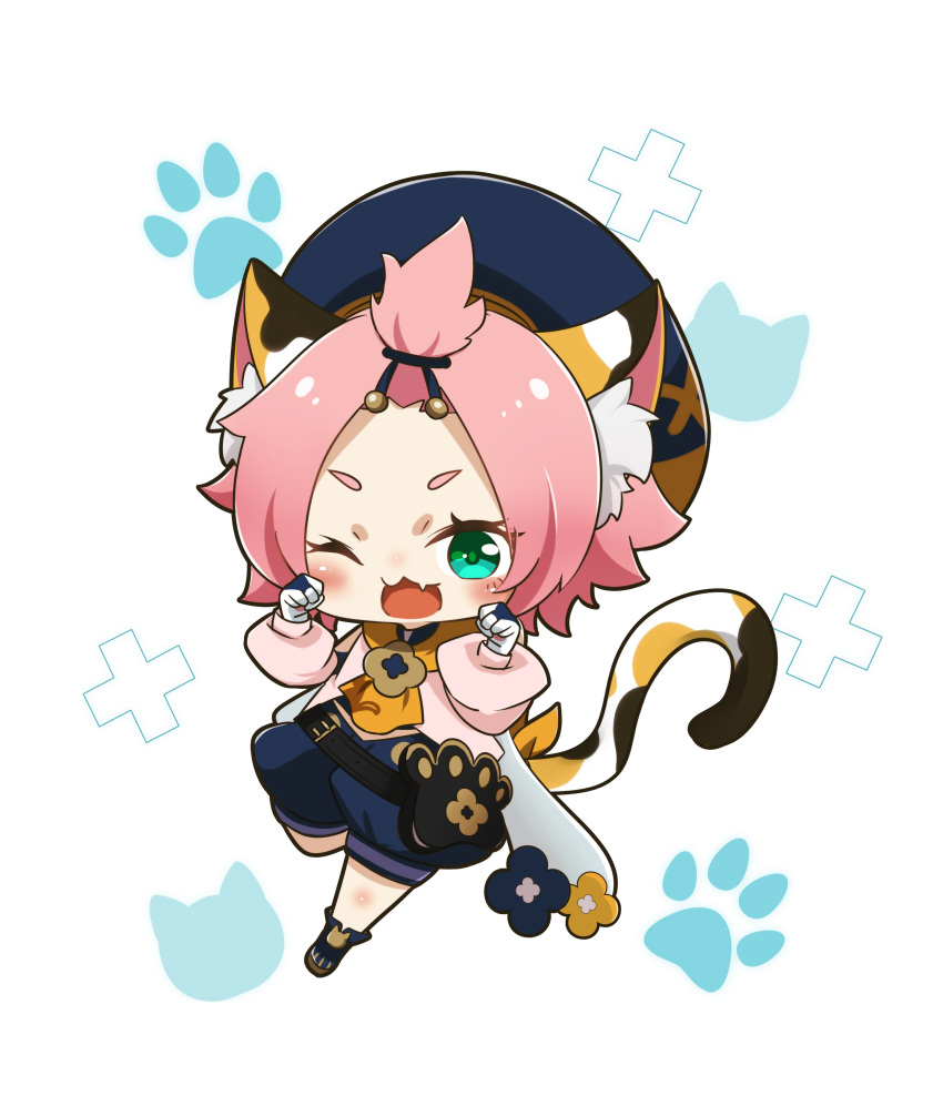 1girl, ;3, ;d, absurdres, animal_ears, animal_print, bag, bangs_pinned_back