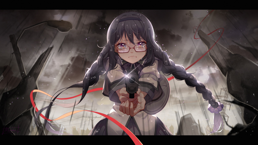 absurdres, aiming_at_viewer, akemi_homura, beads, black_hair, braid, clouds, cloudy_sky