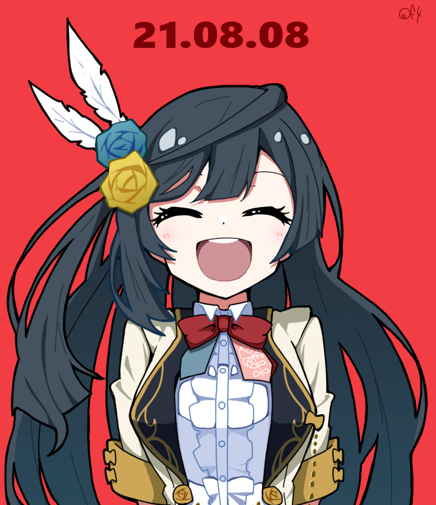 1girl, bangs, birthday, black_hair, bow, bowtie, breasts, closed_eyes
