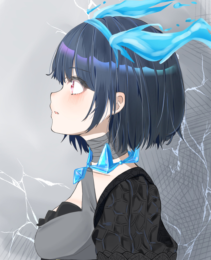 1girl, :o, alice_(sinoalice), bangs, black_dress, blue_hair, breasts, dress, electricity, hair_between_eyes, headband, highres, looking_to_the_side, mayu-mayu1026, open_mouth, red_eyes, short_hair, short_sleeves, sideboob, sinoalice, solo, surprised