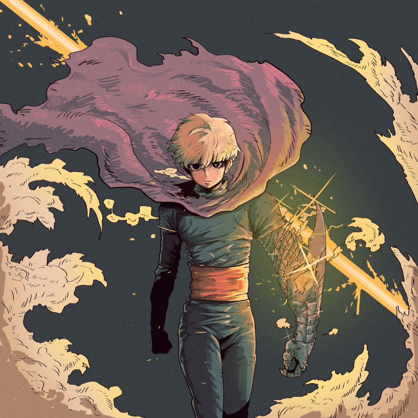1boy, absurdres, black_eyes, blonde_hair, breath, cape, claws, closed_mouth