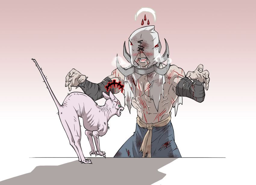 1boy, abomination_(darkest_dungeon), affliction_(darkest_dungeon), blood, cat, collar, darkest_dungeon, drooling